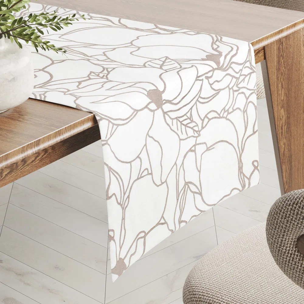 Biante Bavlnený behúň na stôl Sandra SA-268 Béžové designové kvety na bielom 35x140 cm