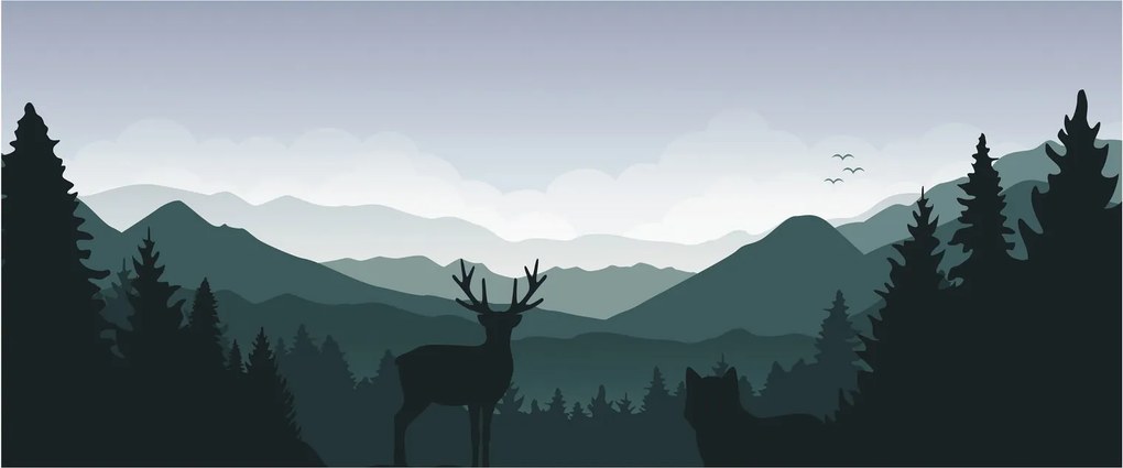 Obraz - Jeleň s vlkom v skalách (120x50 cm)