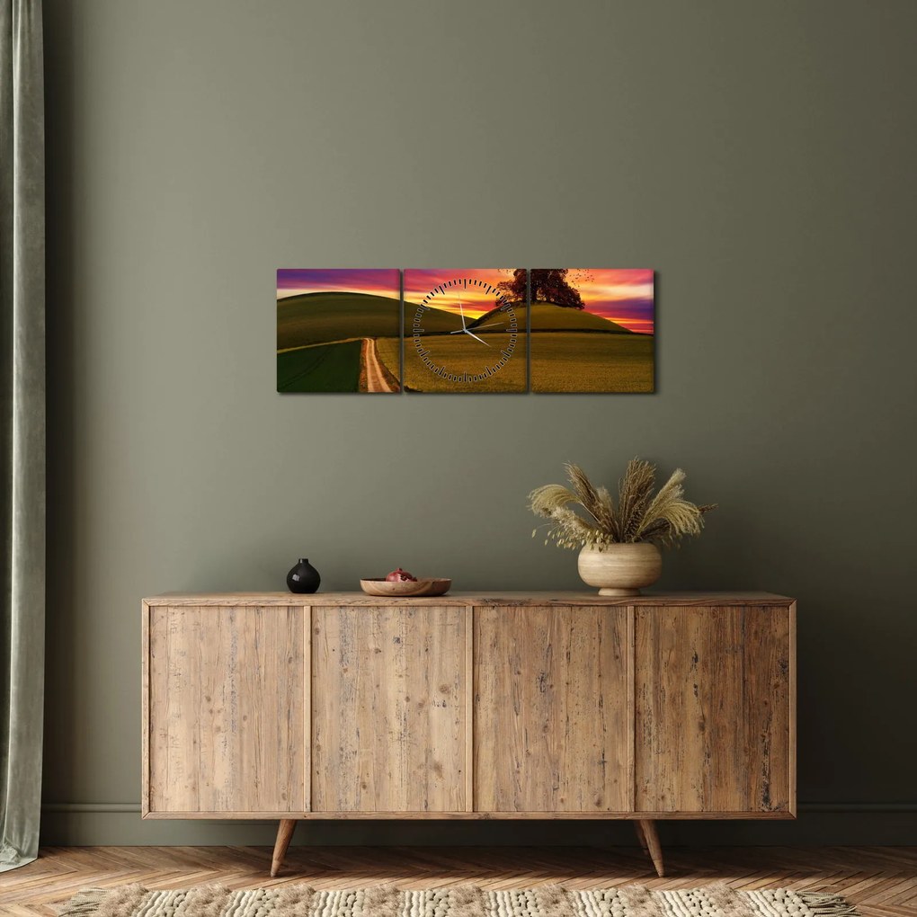 Obraz poľa a farebného neba (s hodinami) (90x30 cm)
