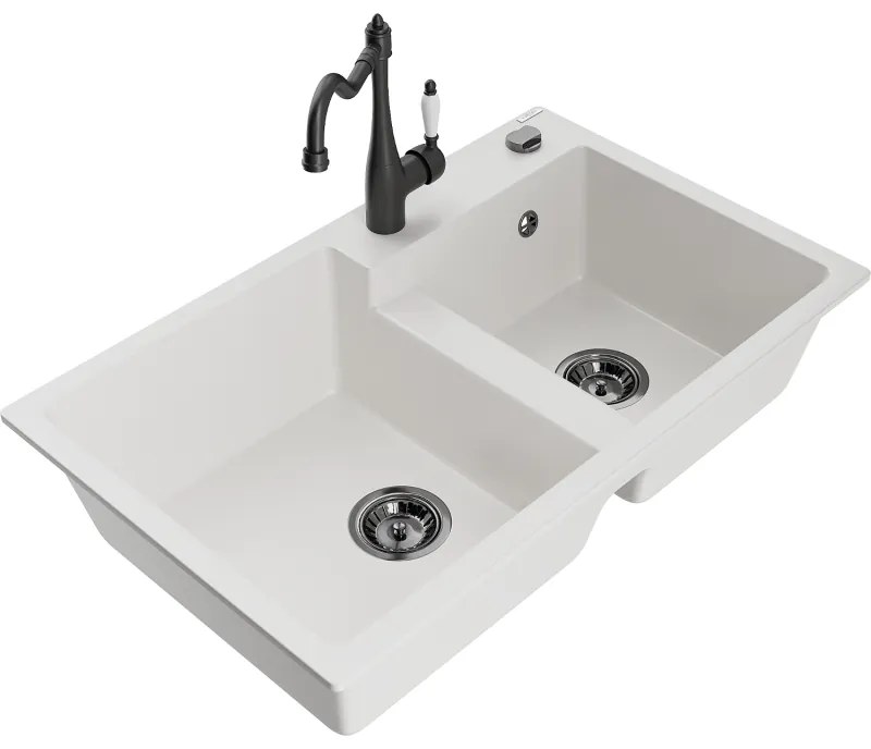 Mexen Tomas, granitový drez 800x500x190 mm, 2-komorový a drezová batéria Carla, biela, 6516-20-670700-70