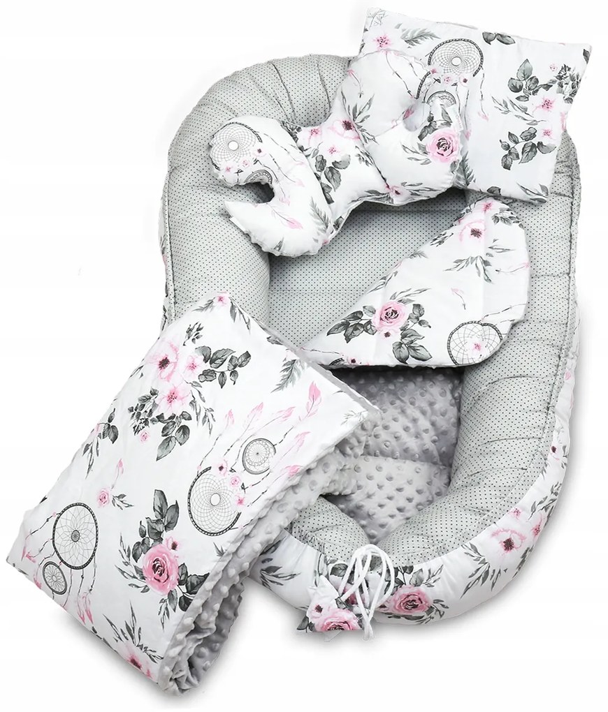 Obojstranné hniezdočko (kokon) pre bábätko - BABYMAM PREMIUM set 7v1 - Lapač snov so sivou Minky