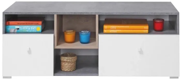 Televízne stôl Sigma 9, biela mat / betón / dub