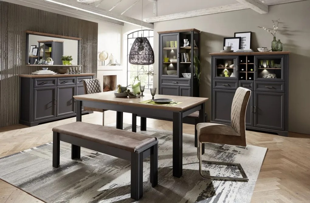 Široká vitrína Jasmin, grafit/dub, s osvetlením