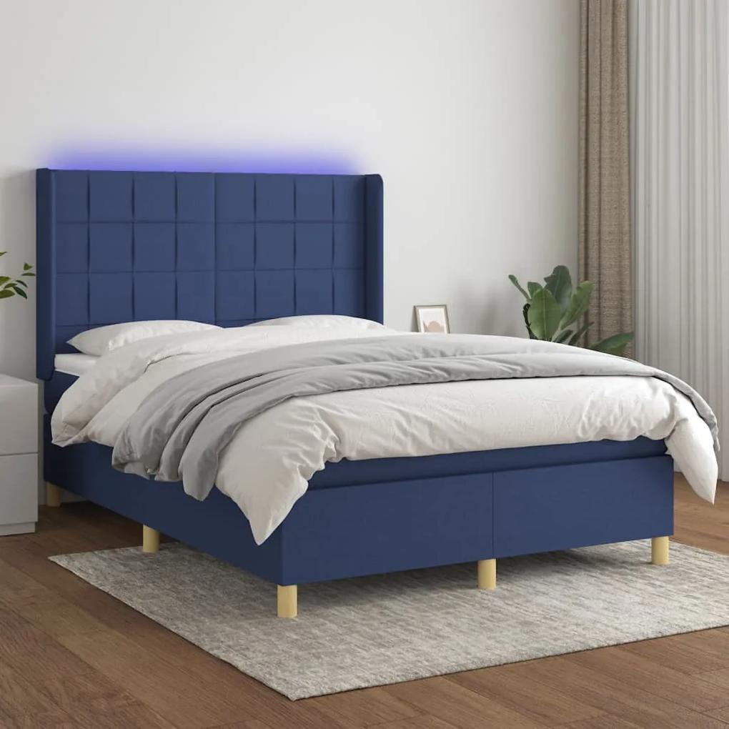 Posteľ boxsping s matracom a LED modrá 140x190 cm látka 3138875