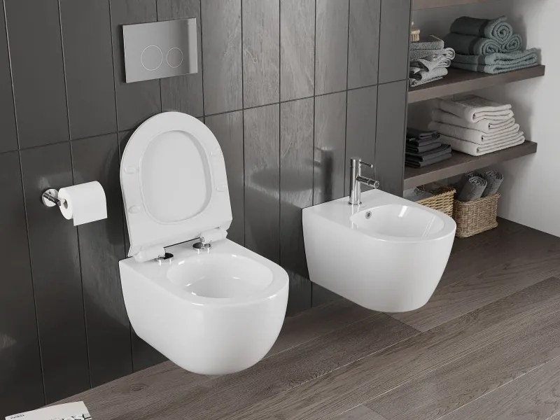 Mexen Carmen, závesná WC misa 490x365x340 mm, Rimless Tornádo + WC sedadlo z duroplastu, biela lesklá, 30880100T