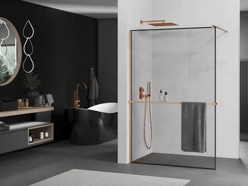 Mexen Kioto+, sprchová zástena Walk-In s poličkou a vešiakom 70 x 200 cm, 8mm číre sklo čierny vzor, medený matný profil, 800-070-121-65-70