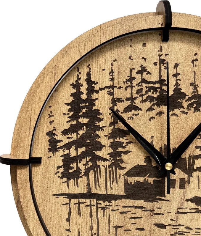 Drevené nástenné hodiny Lesná chatka pri jazere | SENTOP HDF0585-GOLD-OAK