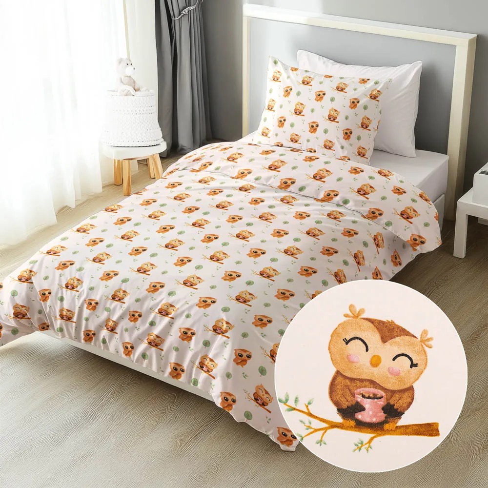 Biante Detské bavlnené posteľné obliečky Sandra SA-616 Sovičky na vetvičkách na bielom Predĺžené 140x220 a 70x90 cm