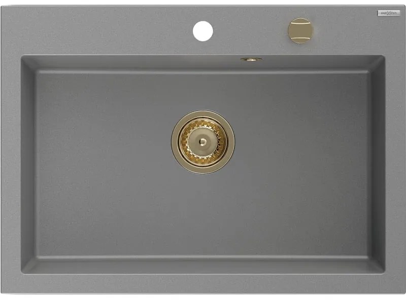 Mexen Elix, 1-korový granitový drez 700 x 500 mm, šedá, zlatý sifón, 6526701005-71-G