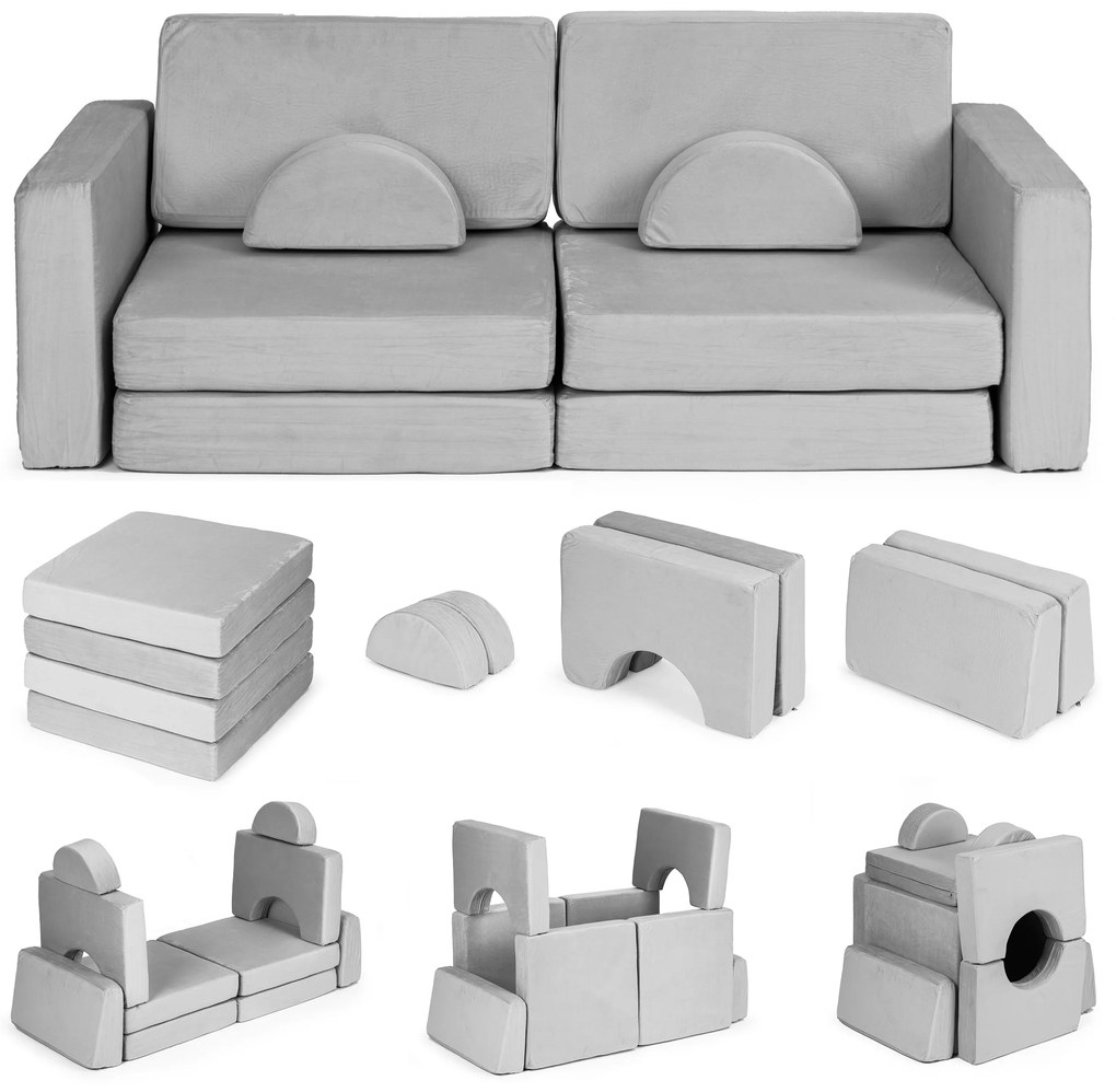 Modulárna rozkladacia pohovka pre deti veľká 2-miestna DIY 10 mäkkých vankúšov - sivá ECOTOYS