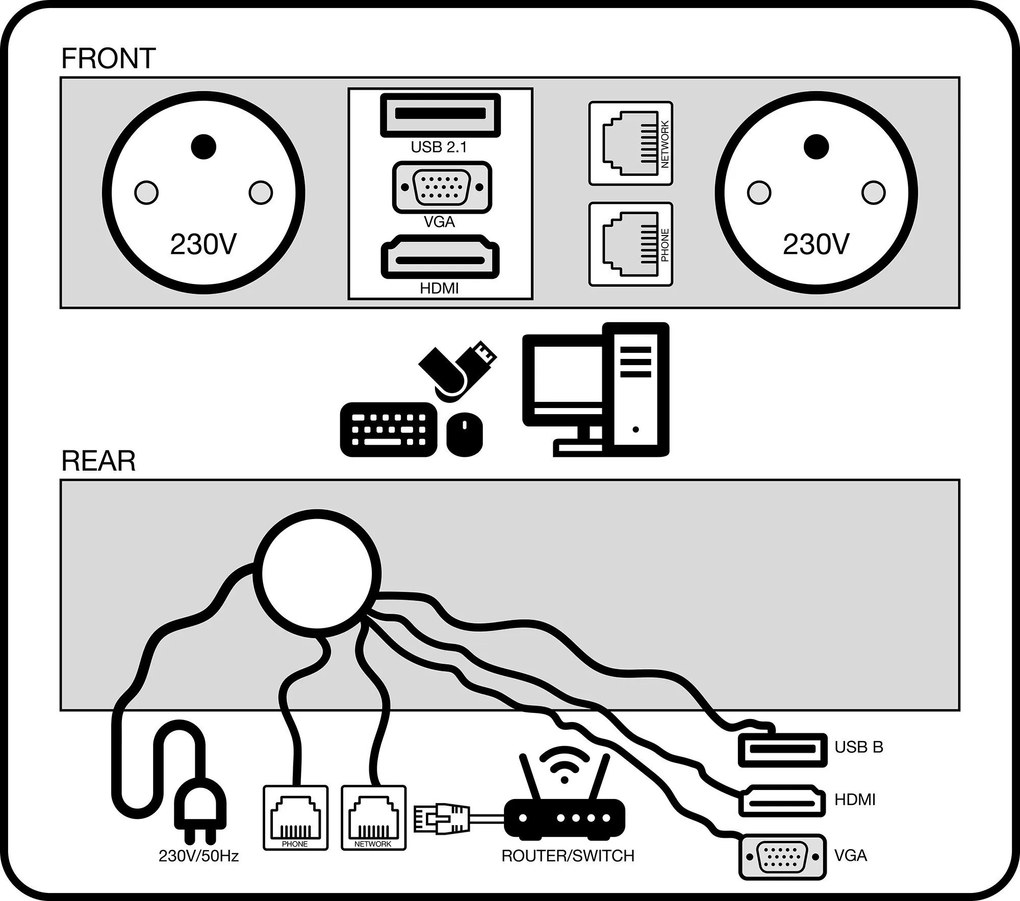 Rokovací stôl PRIMO INVITATION, 240x120 cm, dub prírodný + stolná zásuvka TYP VI, strieborná