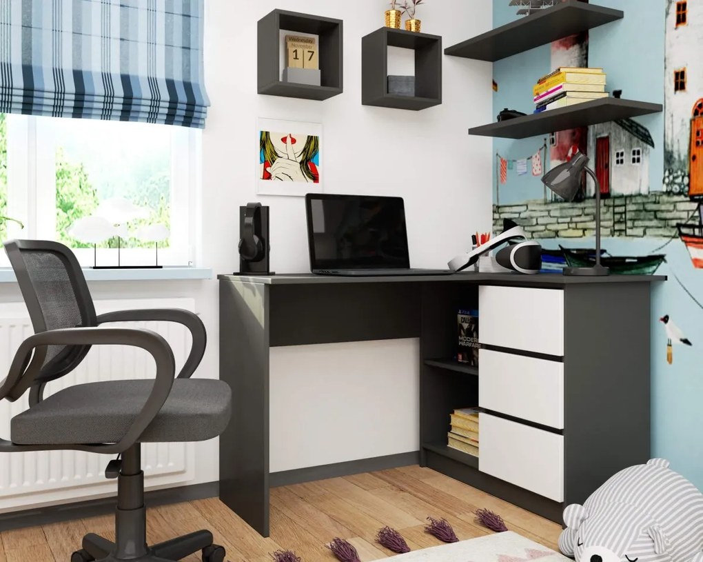 Rohový písací stôl B16 124 cm šedý/bílý pravý