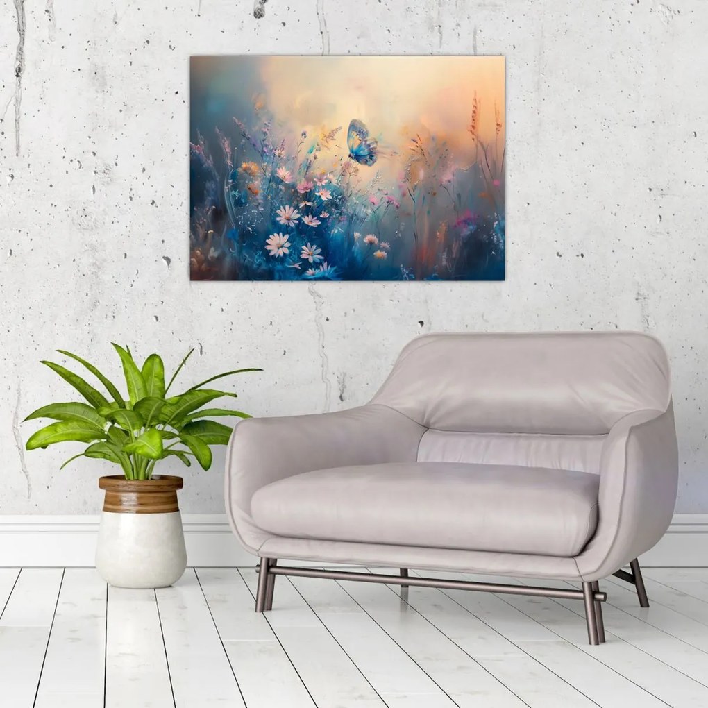 Sklenený obraz - Lúka s motýľom (70x50 cm)