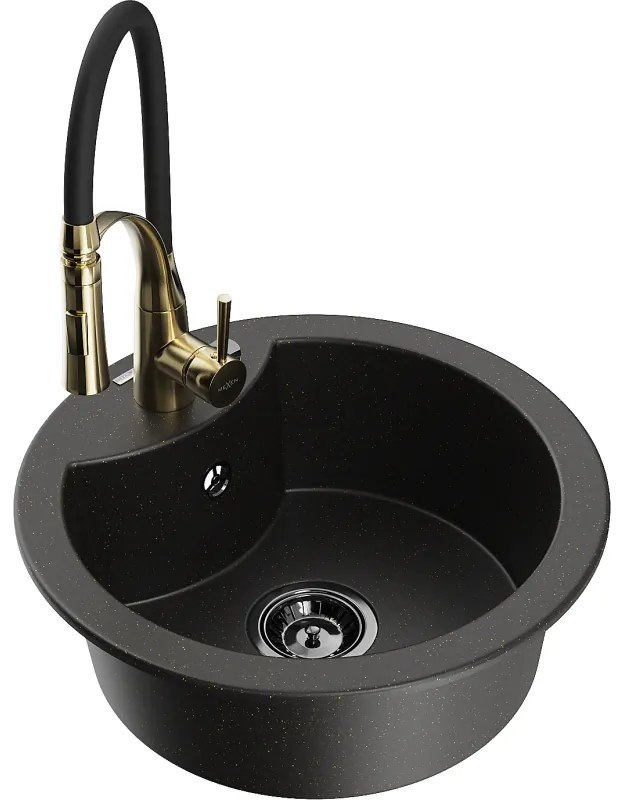 Mexen Diego, 1-komorový granitový drez 488x488x167 mm a drezová batéria Aster, čierna-zlatá metalíza, 6512-75-73450-57-B