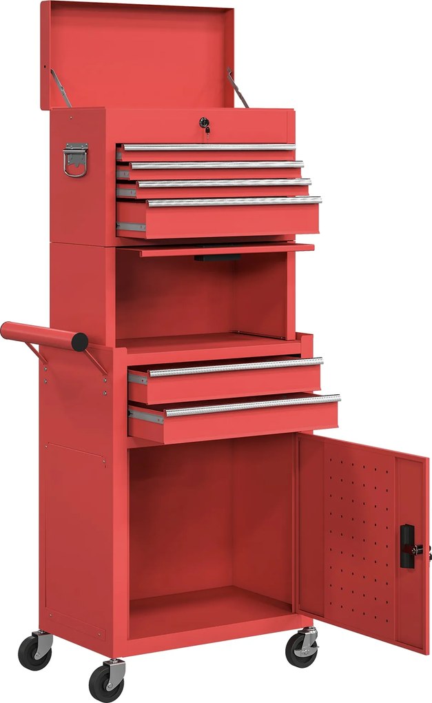 HOMCOM Workshop Trolley with Toolbox, 6 Drawers & Pegboard, Lockable, Empty Tool Cart with Handle, Steel Cabinet on Wheels, Red | Aosom