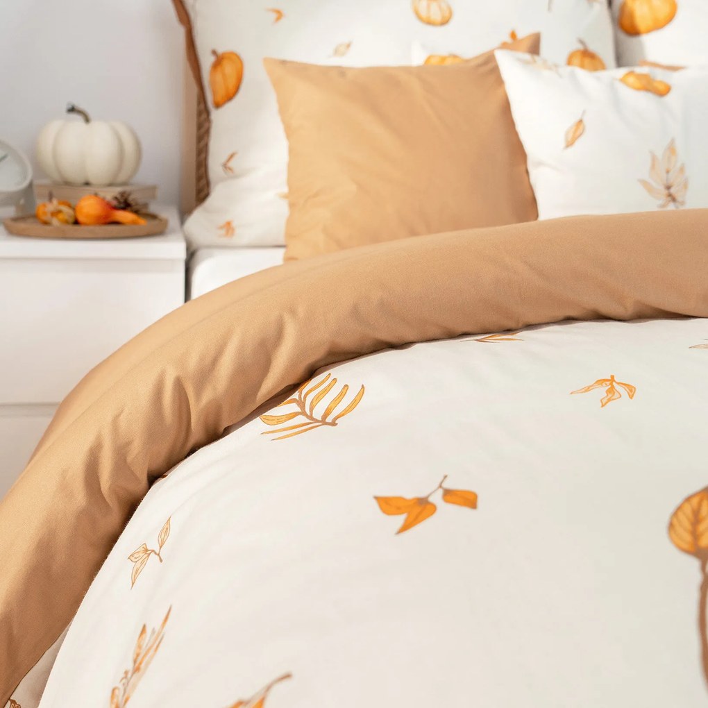 Goldea bavlnené posteľné obliečky duo - jesenné tekvice a lístky s hnedou 140 x 220 a 70 x 90 cm