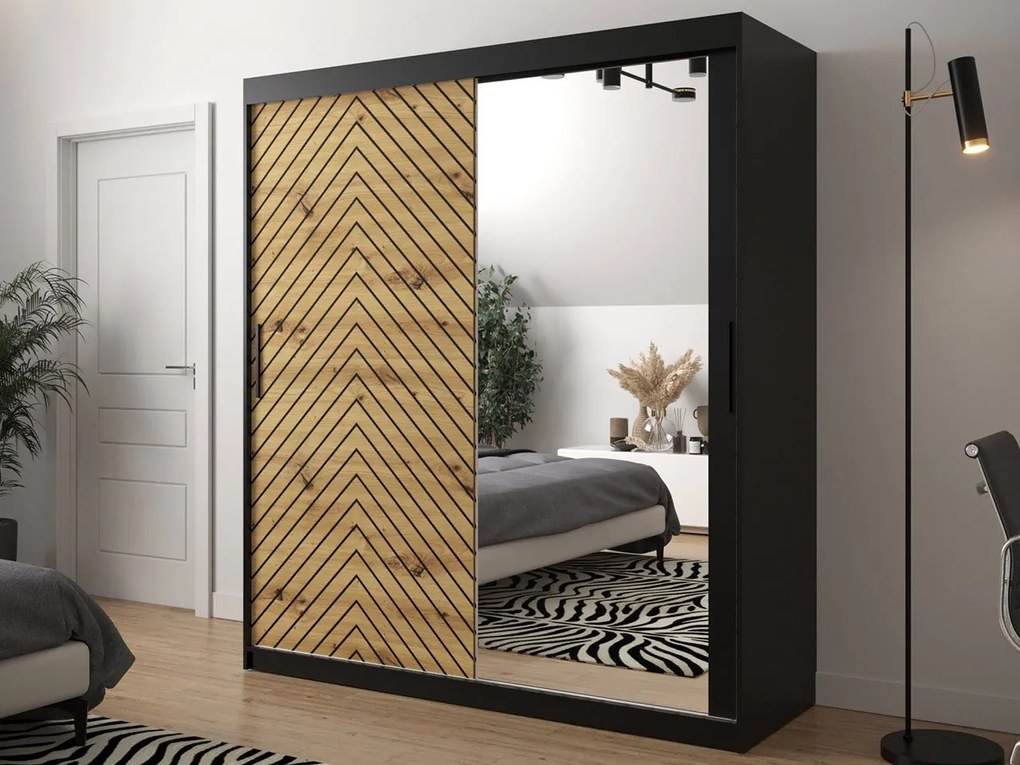 Moderná šatníková skriňa so zrkadlom Ratintu 2 180 cm, zásuvka: áno, Farby: čierna / dub artisan + čierna
