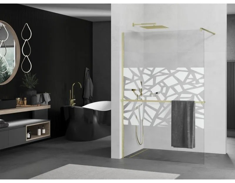 Mexen Kioto+, sprchová zástena Walk-In s poličkou a vešiakom 70 x 200 cm, 8mm číre sklo biely vzor, zlatý matný profil, 800-070-121-55-85