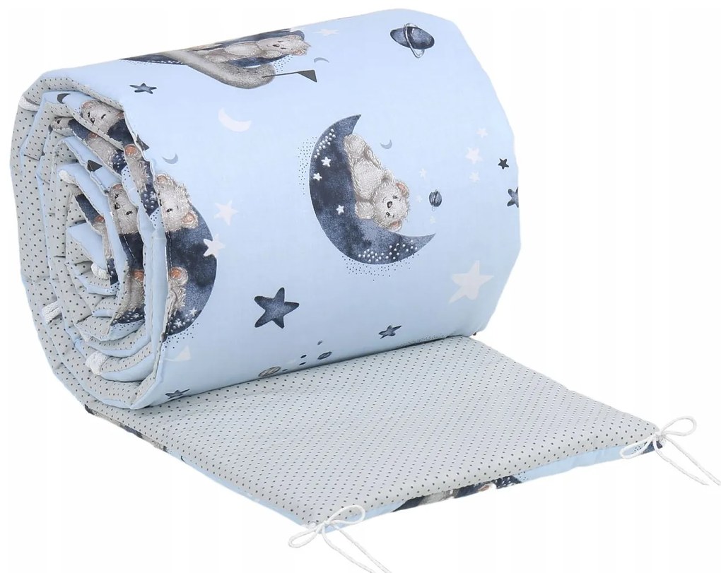 Ochranný mantinel do postieľky 180x30 cm BABYMAM PREMIUM - Medvedíci vo vesmíre/tm. bodky na šedej