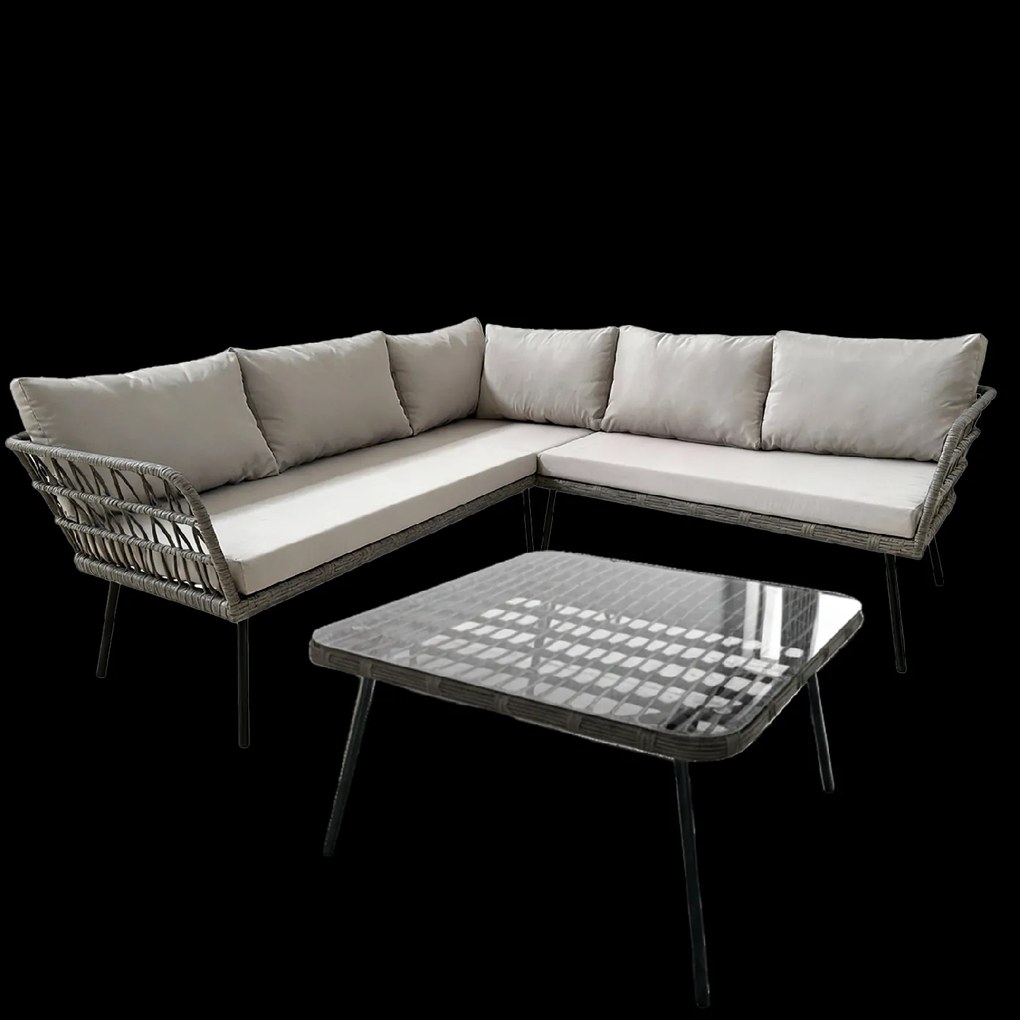 Garden Line ZÁHRADNÝ NÁBYTOK (ROHOVÁ SEDACIA SÚPRAVA, STÔL) – ŠEDÁ, VANKÚŠE – ŠEDÁ *3385