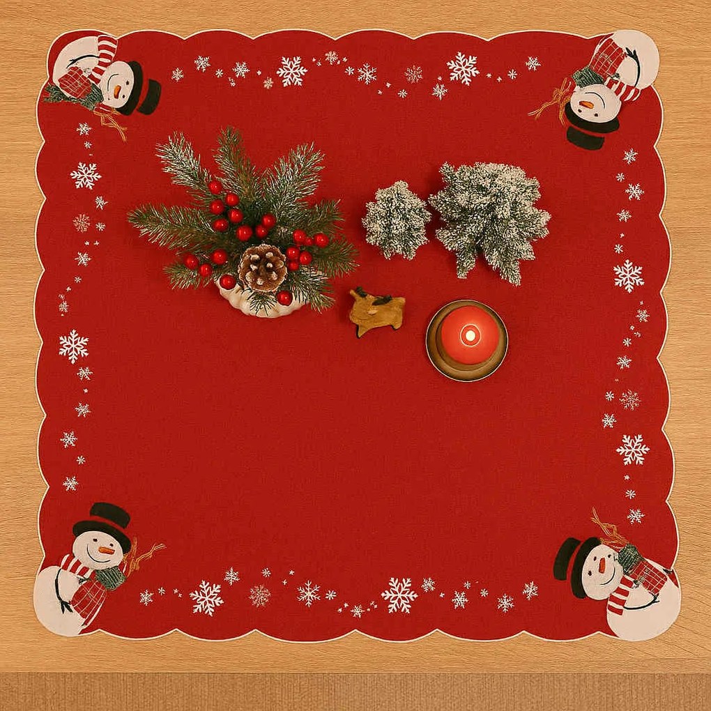 Vianočný vyšívaný obrus Snehuliak červený 85x85 cm TiaHome