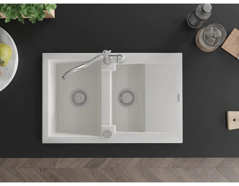Mexen Gaspar, granitový drez 752x436x161 mm, 1,5-komorový a drezová batéria Carla, biela, 6507-20-670700-00