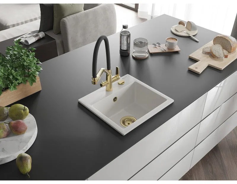 Mexen Milo, granitový drez 435x410x171 mm, 1-komorový a drezová batéria Duo, biela, 6505-20-671701-57-G
