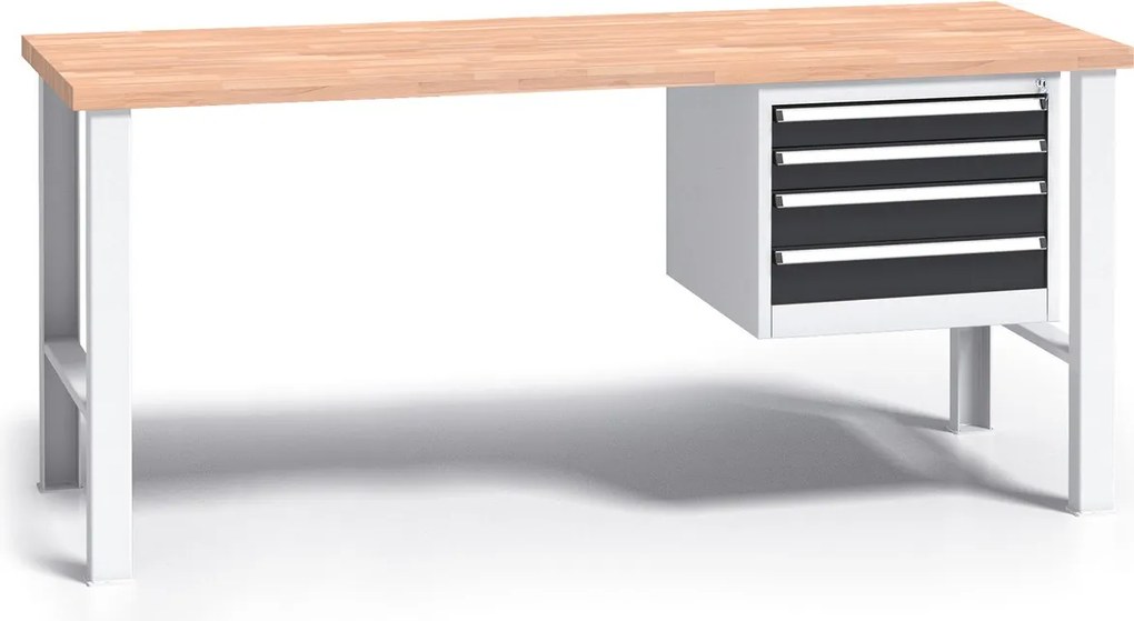 Pracovný stôl do dielne G3 so závesným boxom na náradie, buková škárovka, 4 zásuvky, pevné kovové nohy, 1700 mm, grafit