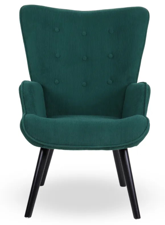 Kreslo ušiak CORDU + taburet — masív, manšestr, čierna / zelená