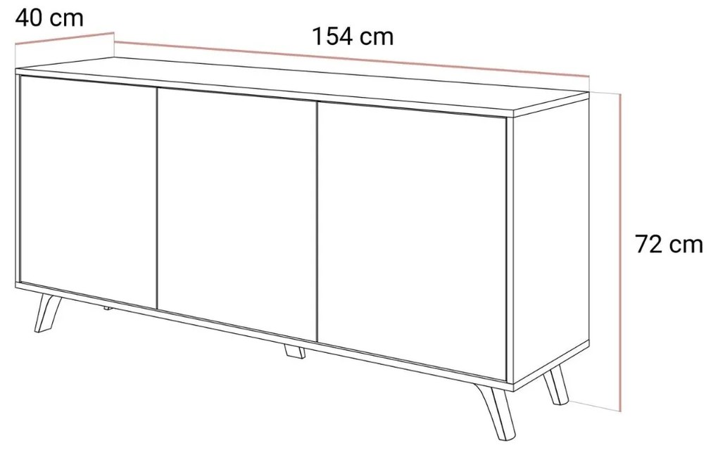KOMODA ALWIN KAŠMÍR VYSOKÝ LESK 154 cm PVC NOŽIČKY 12 cm