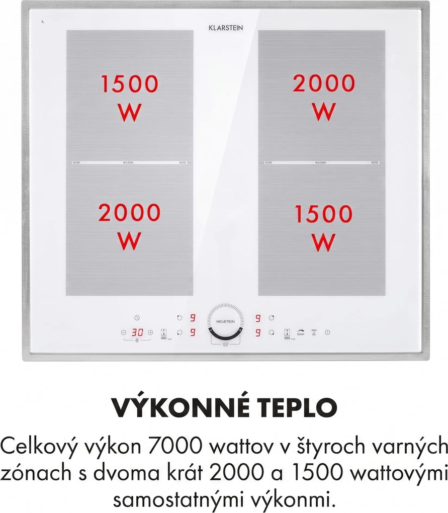 Klarstein Delicatessa 60 Prime, indukčná varná doska, 7000 W, 4 zóny, časovač, biela