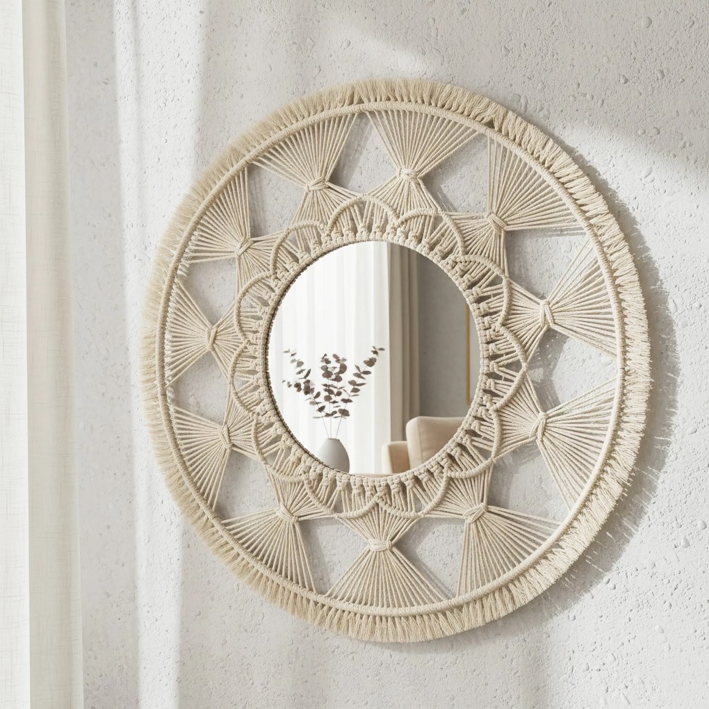 Kulaté nástěnné zrcadlo BOHO 65 cm béžové