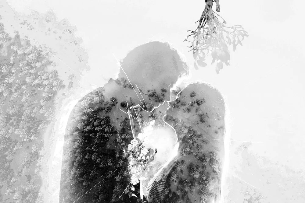 Obraz zamilovaný pár pod imelom v čiernobielom prevedení Varianta: 120x80