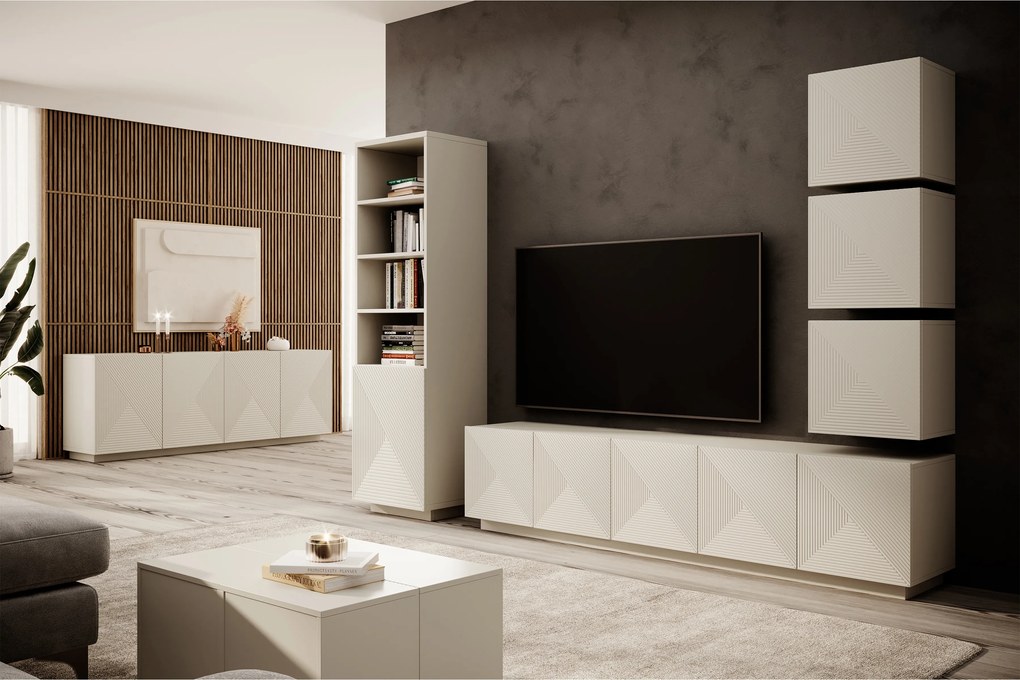 TV skrinka Asha 200 cm päťdverová s ryhovanými dvierkami - kašmír