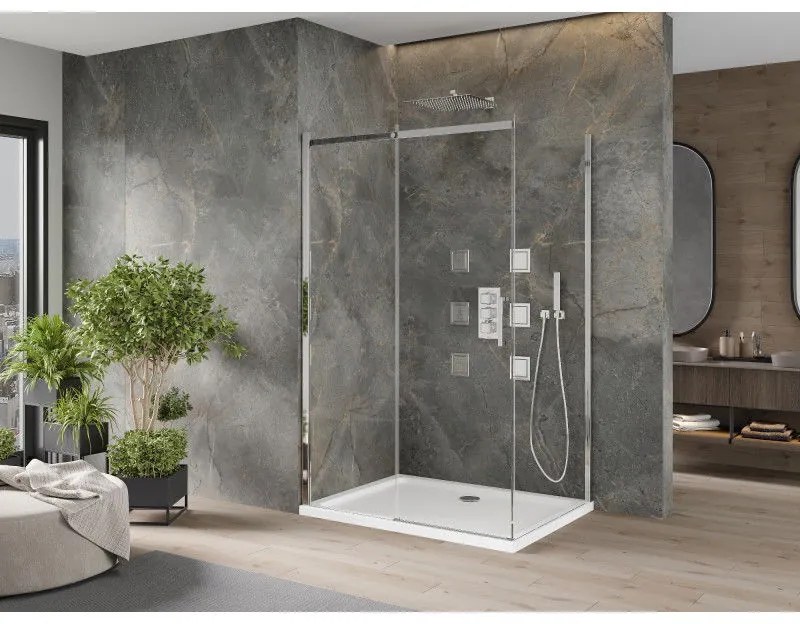 Mexen Omega, sprchovací kút s posuvnými dverami 110 (dvere) x 80 (stena) cm, 8mm číre sklo, chrómový profil + slim sprchová vanička 5cm, 825-110-080-01-00-4010