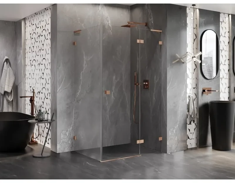 Mexen Lunar, L pravostranný výklopný sprchový kút 75 x 70 cm, 8mm číre sklo, profil medená matná, 834L-075-070-65-00-P