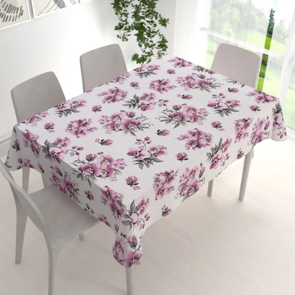 Biante Bavlnený obdĺžnikový obrus Sandra SA-623 Lila orchidey na bielom 80x120 cm