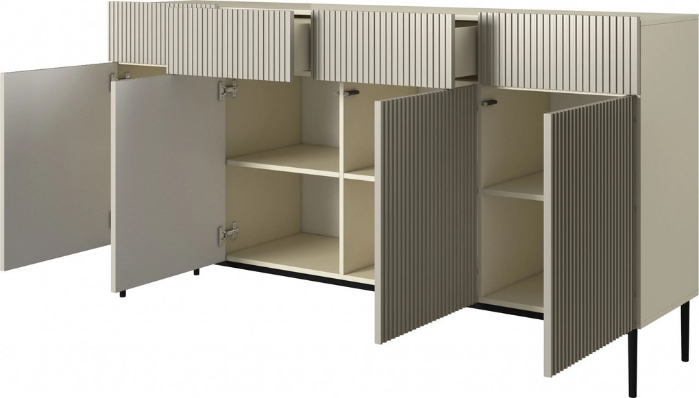 Komoda Nicole 200 cm so štyrmi dverami a zásuvkami s ryhovaným čelom - kasmír / čierne nožičky