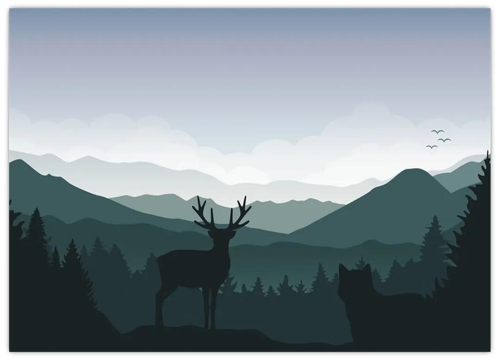 Obraz - Jeleň s vlkom v skalách (70x50 cm)