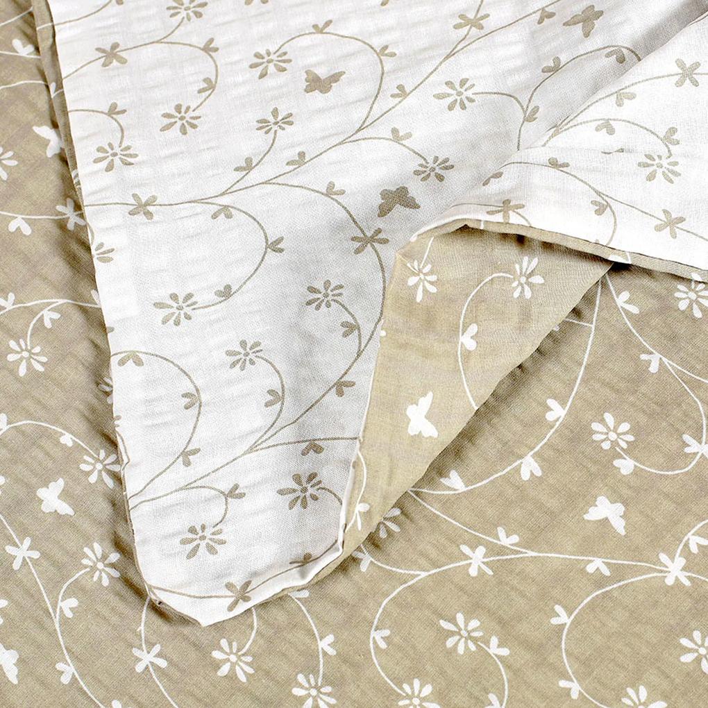 Goldea krepové posteľné obliečky - kvietky a motýle so zlatisto béžovou 240 x 200 a 2ks 70 x 90 cm