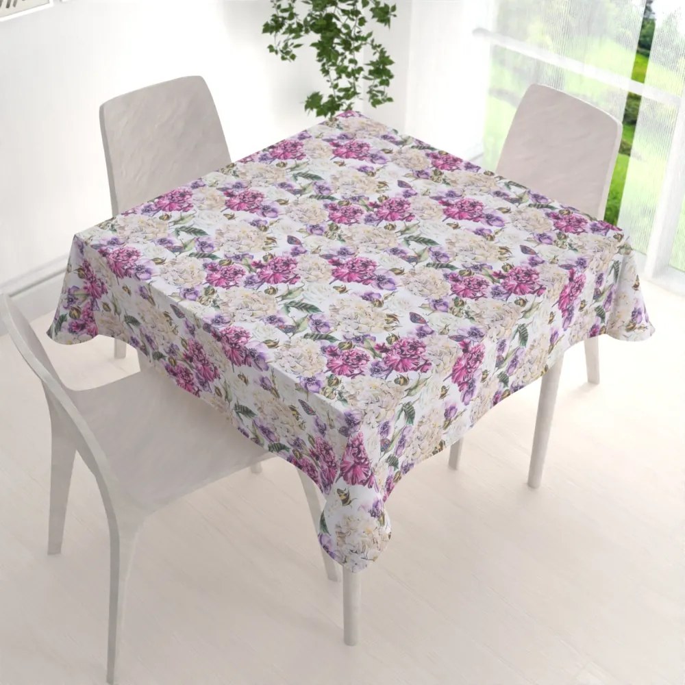 Biante Dekoračný štvorcový obrus PML-108 Fialové kvety s motýlikmi na bielom 50x50 cm