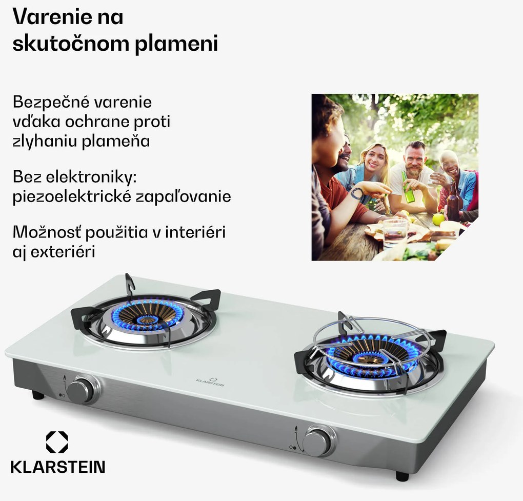 Klarstein Barzona kempingový varič, 2 horáky, 3,4 kW & 4,3 kW, plynová dvojplatnička, nehrdzavejúca oceľ, mobilná