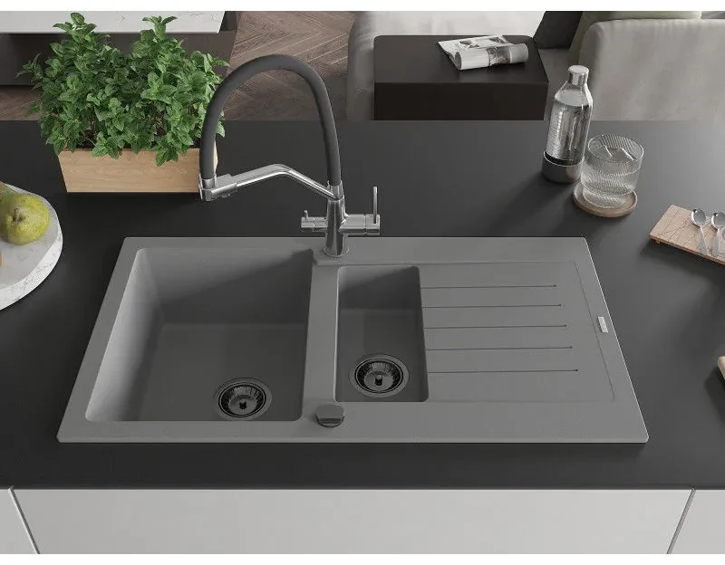 Mexen Matias, 1,5-komorový granitový drez 900x505x200 mm a drezová batéria Duo, šedá, 6502-71-671701-07-B