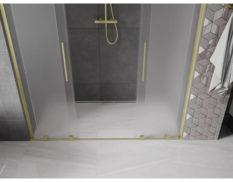 Mexen Velar L Duo, posuvné sprchové dvere do otvoru 200 cm, 8mm sklo námraza, zlatá matná, 871-200-003-32-55
