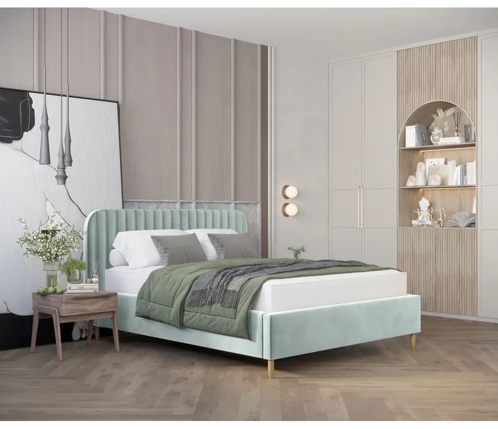 Čalúnená jednolôžková posteľ s úložným priestorom s roštom 120x200 cm v mentolovej farbe Noto – Maison de Rêve