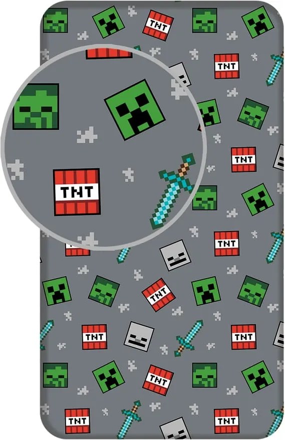 Sivá napínacia bavlnená detská plachta na jednolôžko 90x200 cm Minecraft "We got this" – Jerry Fabrics