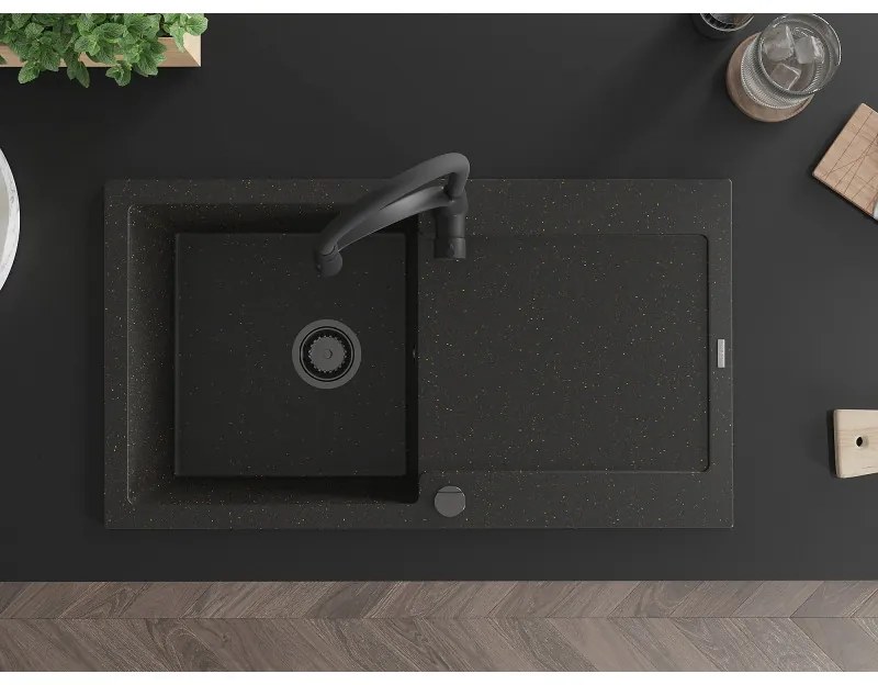 Mexen Leo, granitový drez 900x500x190 mm, 1-komorový a drezová batéria Aster, čierna-zlatá metalíza, 6501-75-73450-70-B