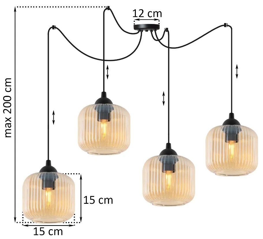 Závesné svietidlo Riffle Spider, 4x medové sklenené tienidlo
