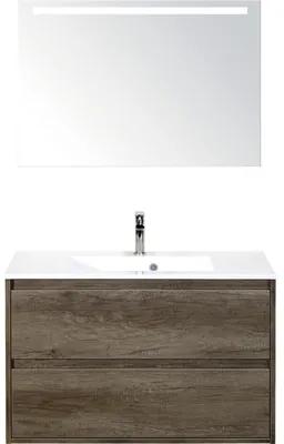 Kúpeľňová zostava Sanox Porto mramor zrkadlo 90 cm dub tmavý s LED