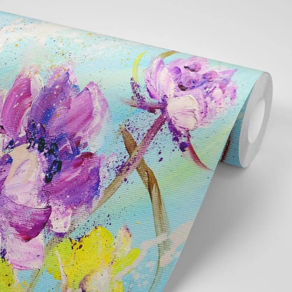 Samolepiaca tapeta maľované fialové a žlté kvety - 150x100